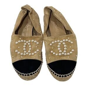 *DS9 CHANEL Women's Suede Espadrilles Pearl CC Logo Size IT37/US6.5